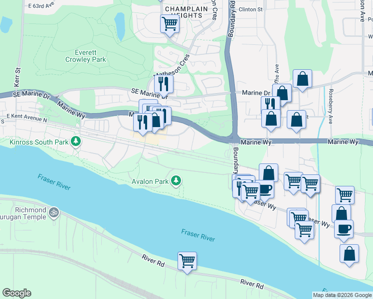 map of restaurants, bars, coffee shops, grocery stores, and more near 3559 East Kent Avenue North in Vancouver