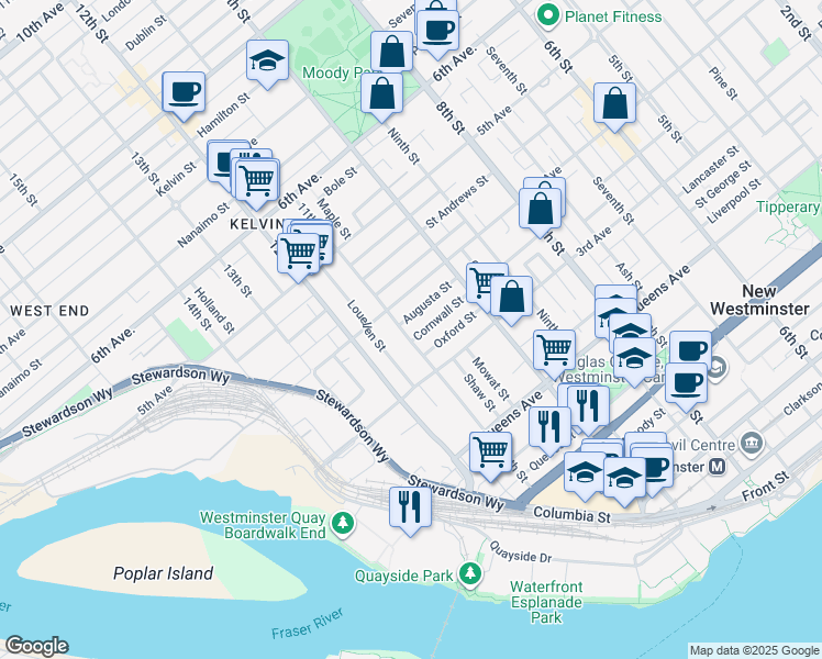 map of restaurants, bars, coffee shops, grocery stores, and more near 1037 Cornwall Street in New Westminster