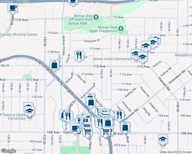 map of restaurants, bars, coffee shops, grocery stores, and more near 11132 Bolivar Crescent in Surrey