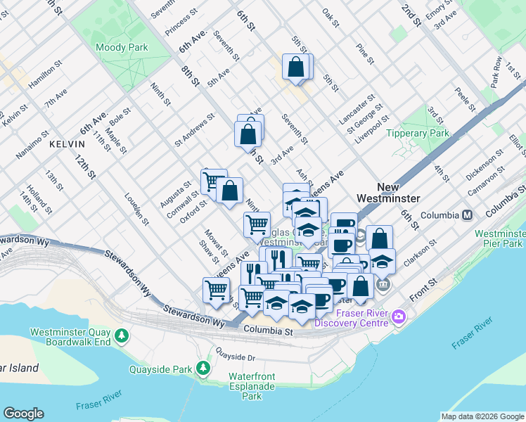 map of restaurants, bars, coffee shops, grocery stores, and more near 217 Ninth Street in New Westminster
