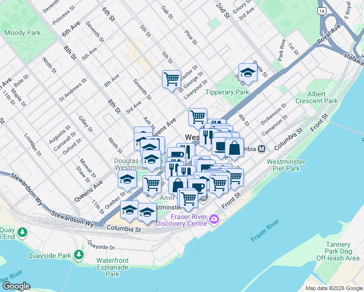 map of restaurants, bars, coffee shops, grocery stores, and more near 110 Seventh Street in New Westminster