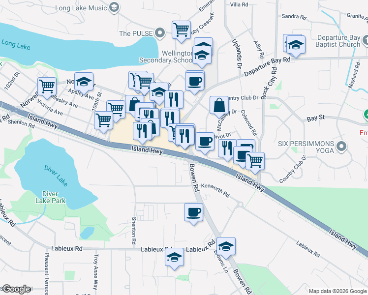 map of restaurants, bars, coffee shops, grocery stores, and more near Island Highway South in Nanaimo