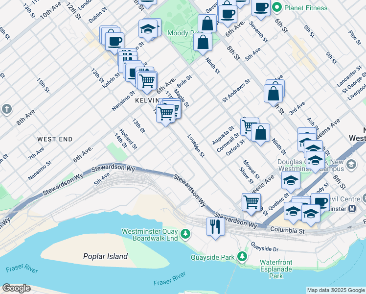 map of restaurants, bars, coffee shops, grocery stores, and more near 410 12th Street in New Westminster