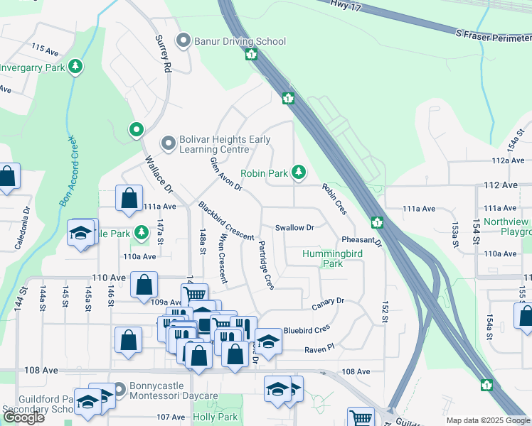 map of restaurants, bars, coffee shops, grocery stores, and more near 11140 Partridge Crescent in Surrey