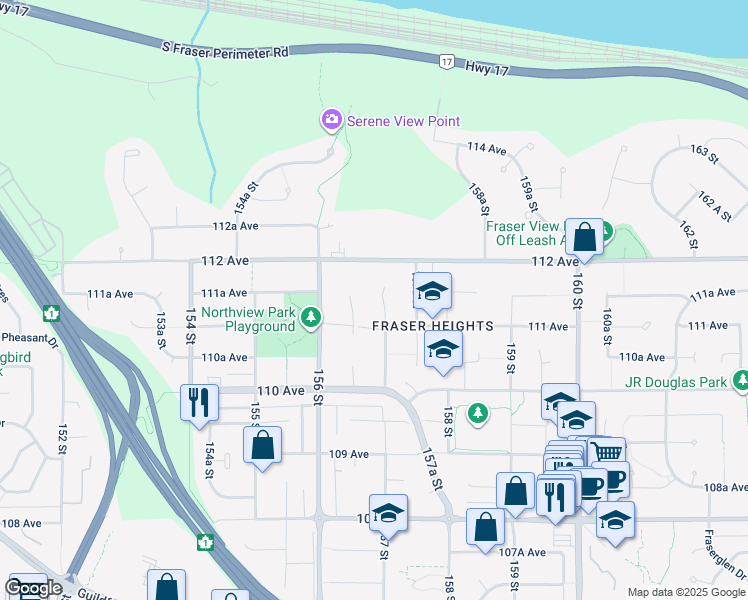 map of restaurants, bars, coffee shops, grocery stores, and more near 11133 157 Street in Surrey