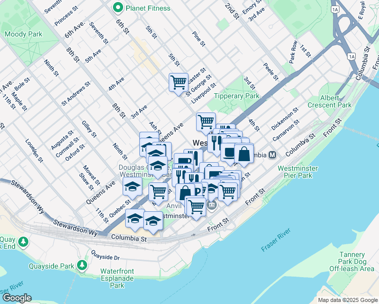 map of restaurants, bars, coffee shops, grocery stores, and more near 110 Seventh Street in New Westminster