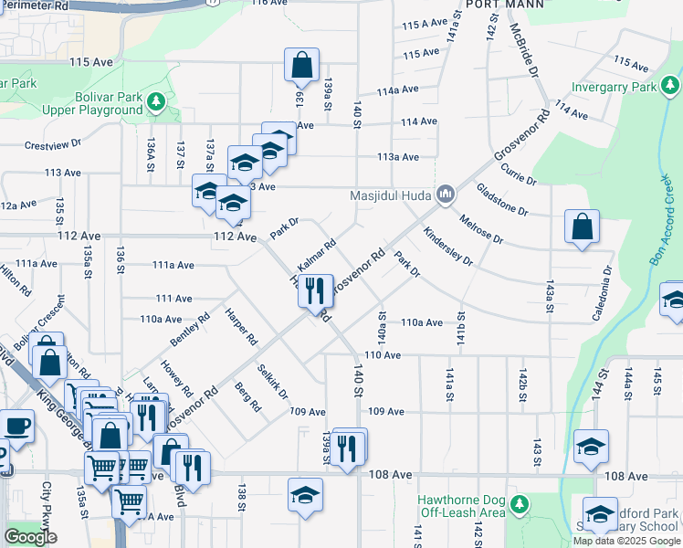 map of restaurants, bars, coffee shops, grocery stores, and more near 13983 Grosvenor Road in Surrey