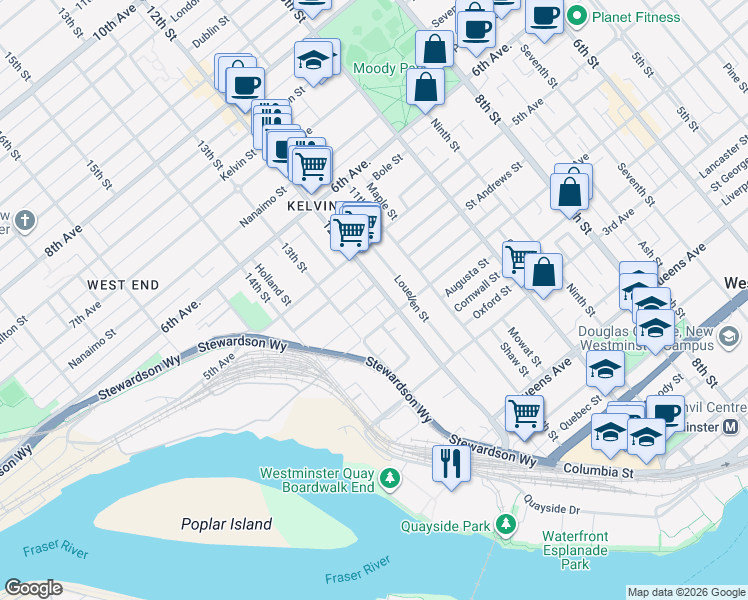 map of restaurants, bars, coffee shops, grocery stores, and more near in New Westminster