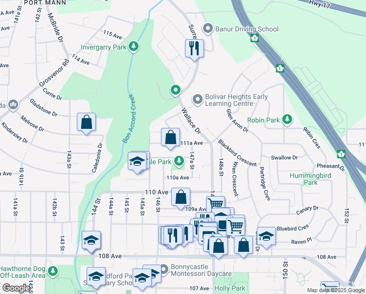 map of restaurants, bars, coffee shops, grocery stores, and more near 14714 111A Avenue in Surrey