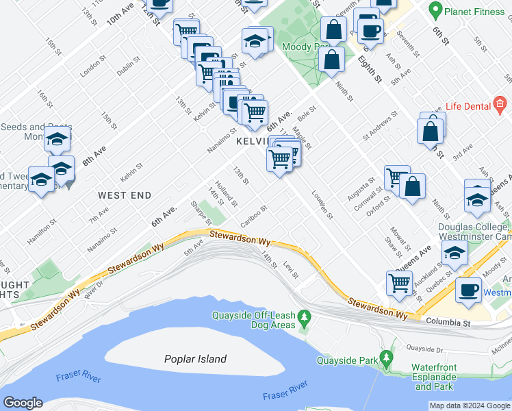 map of restaurants, bars, coffee shops, grocery stores, and more near 1306 5th Avenue in New Westminster