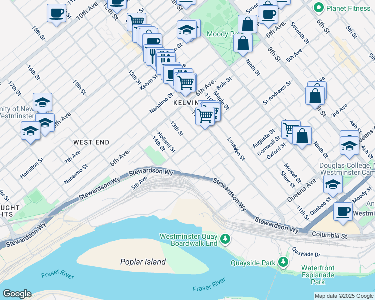 map of restaurants, bars, coffee shops, grocery stores, and more near 1306 5th Avenue in New Westminster