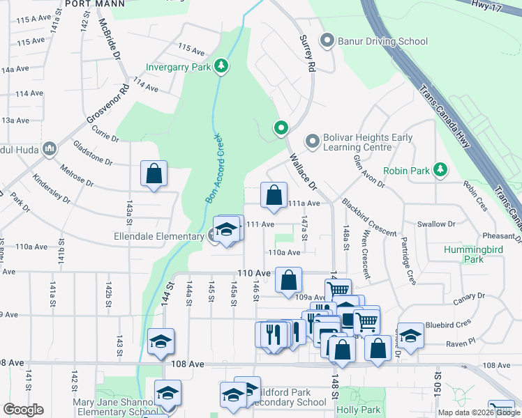 map of restaurants, bars, coffee shops, grocery stores, and more near 14642 111A Avenue in Surrey