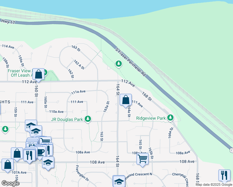 map of restaurants, bars, coffee shops, grocery stores, and more near 11151 164 Street in Surrey