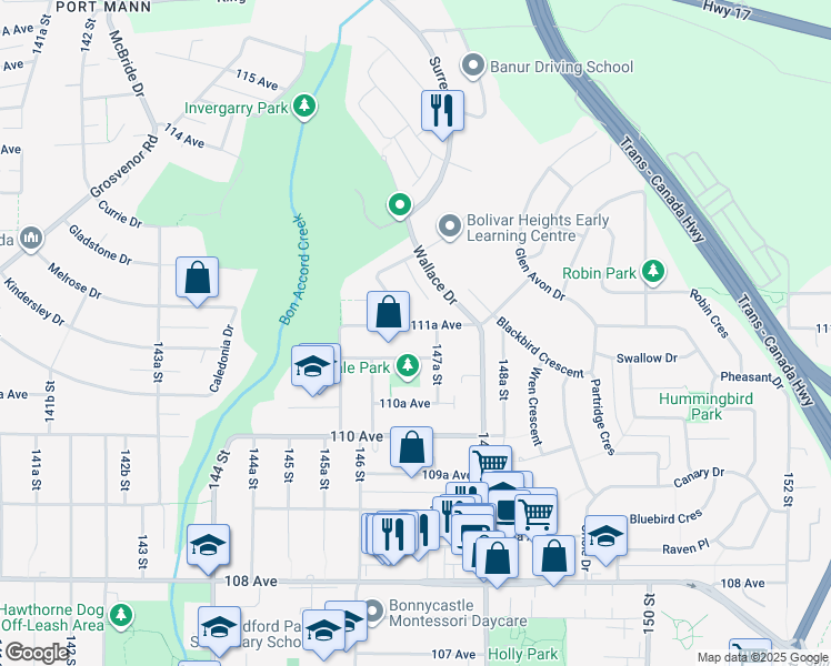 map of restaurants, bars, coffee shops, grocery stores, and more near 14714 111A Avenue in Surrey