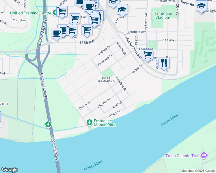 map of restaurants, bars, coffee shops, grocery stores, and more near 11141 Princess Street in Maple Ridge