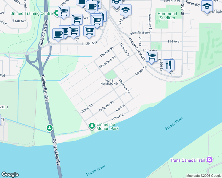 map of restaurants, bars, coffee shops, grocery stores, and more near 20288 Ditton Street in Maple Ridge