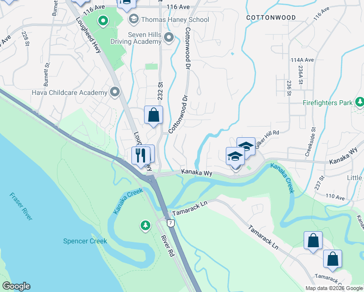 map of restaurants, bars, coffee shops, grocery stores, and more near 23233 Kanaka Way in Maple Ridge