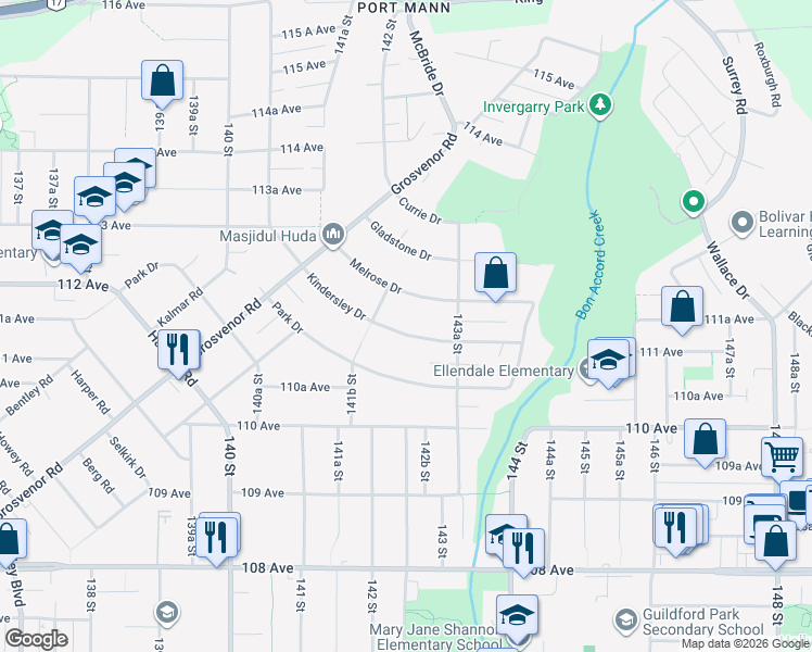 map of restaurants, bars, coffee shops, grocery stores, and more near 14245 Kindersley Drive in Surrey