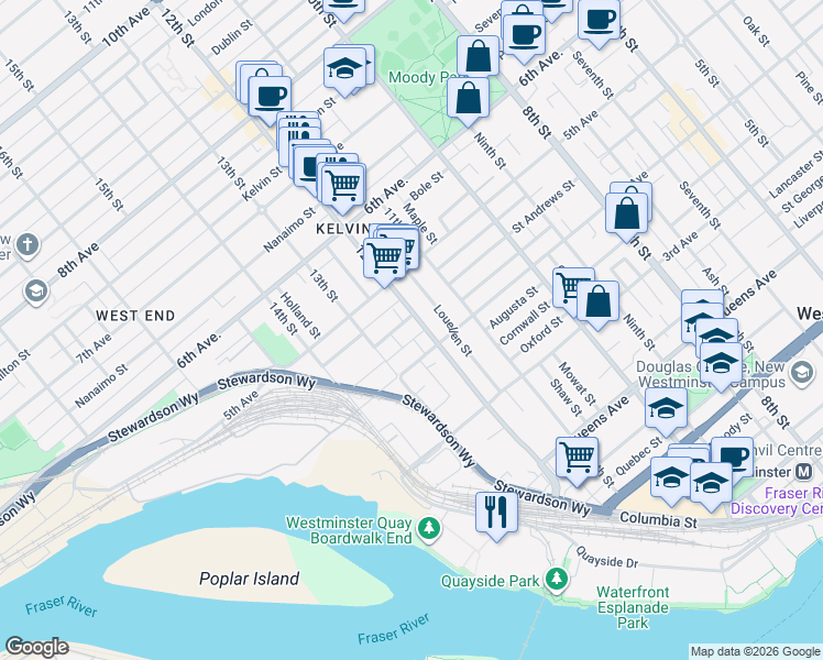 map of restaurants, bars, coffee shops, grocery stores, and more near 412 12th Street in New Westminster