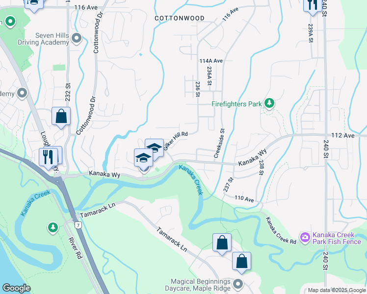 map of restaurants, bars, coffee shops, grocery stores, and more near Cottonwood Drive in Maple Ridge