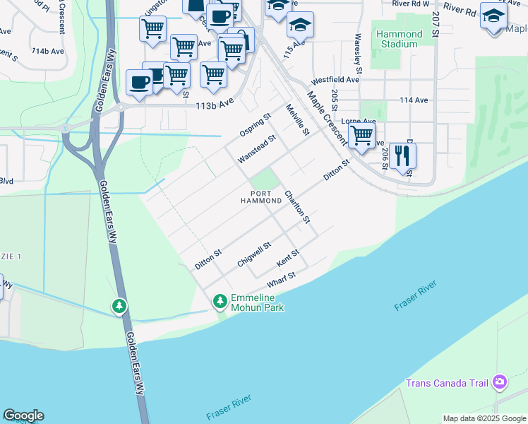 map of restaurants, bars, coffee shops, grocery stores, and more near 11145 Princess Street in Maple Ridge