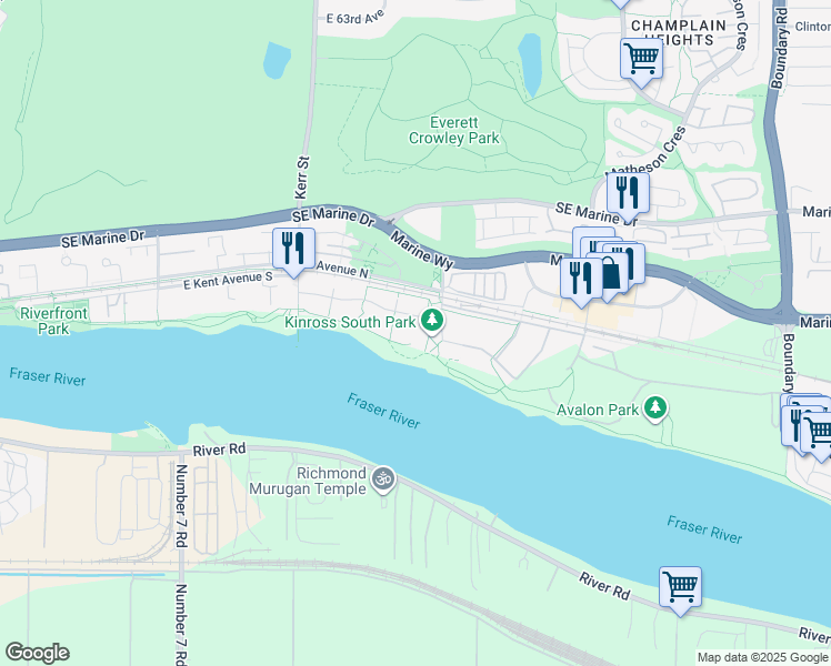 map of restaurants, bars, coffee shops, grocery stores, and more near 3202 Riverwalk Avenue in Vancouver