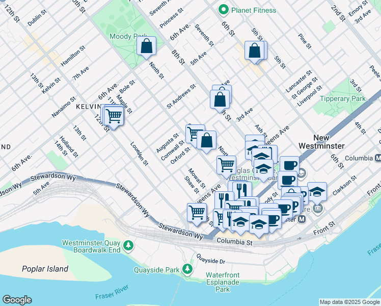 map of restaurants, bars, coffee shops, grocery stores, and more near in New Westminster