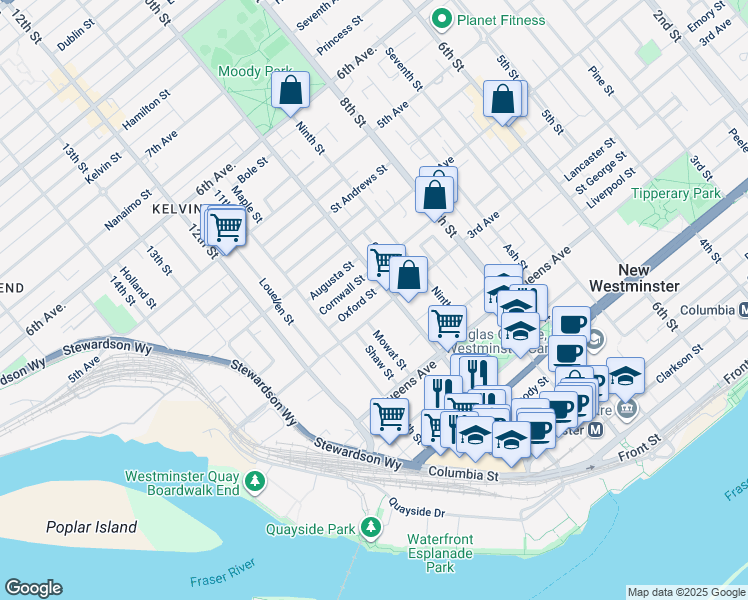 map of restaurants, bars, coffee shops, grocery stores, and more near in New Westminster