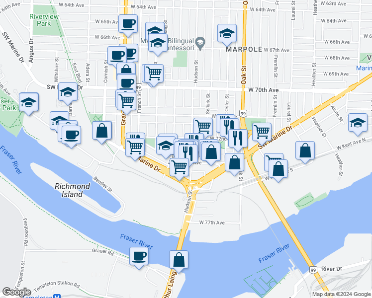 map of restaurants, bars, coffee shops, grocery stores, and more near in Vancouver