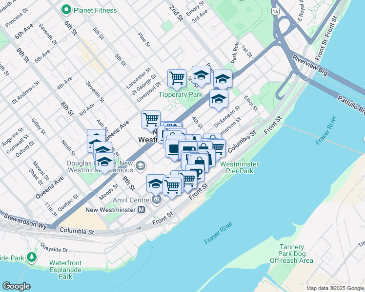 map of restaurants, bars, coffee shops, grocery stores, and more near 510 Agnes Street in New Westminster