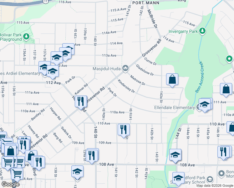 map of restaurants, bars, coffee shops, grocery stores, and more near 14103 Park Drive in Surrey