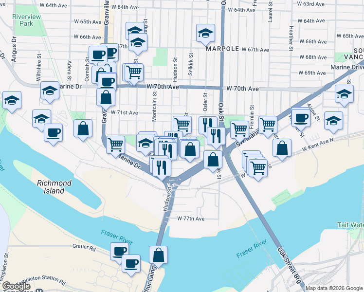 map of restaurants, bars, coffee shops, grocery stores, and more near 8833 Selkirk Street in Vancouver