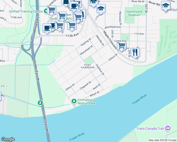 map of restaurants, bars, coffee shops, grocery stores, and more near 20288 Ditton Street in Maple Ridge