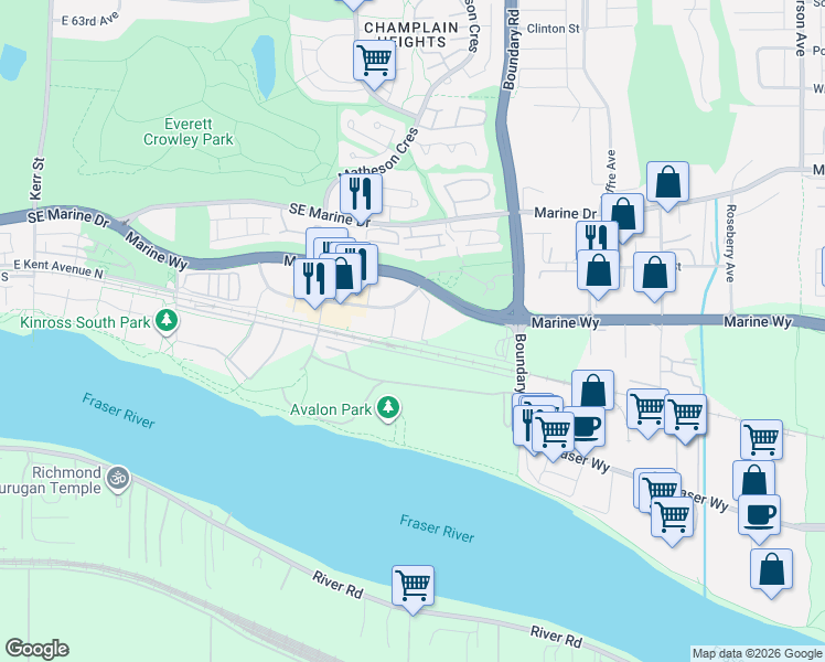 map of restaurants, bars, coffee shops, grocery stores, and more near 3581 East Kent Avenue North in Vancouver