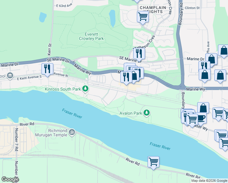 map of restaurants, bars, coffee shops, grocery stores, and more near 3430 East Kent Avenue South in Vancouver