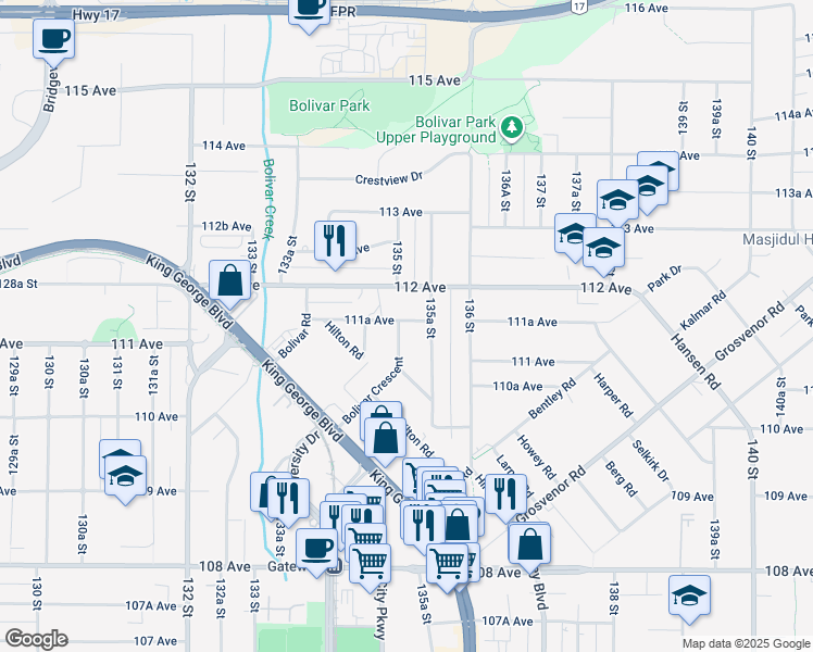 map of restaurants, bars, coffee shops, grocery stores, and more near 11142 Bolivar Crescent in Surrey