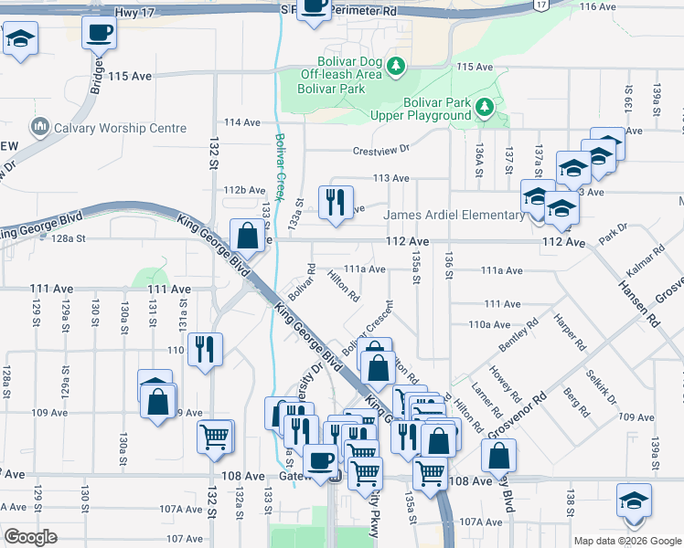 map of restaurants, bars, coffee shops, grocery stores, and more near 13410 111A Avenue in Surrey