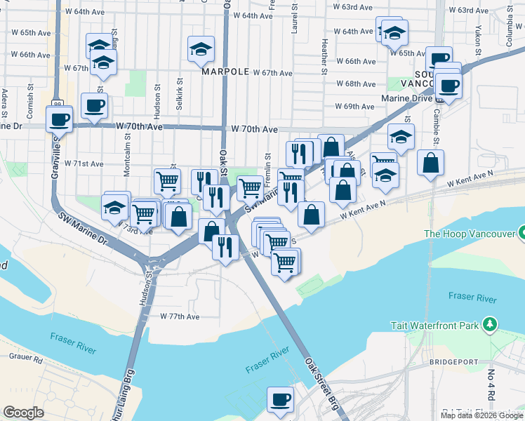 map of restaurants, bars, coffee shops, grocery stores, and more near 942 Southwest Marine Drive in Vancouver