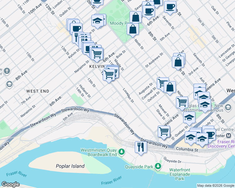 map of restaurants, bars, coffee shops, grocery stores, and more near 412 12 St in New Westminster