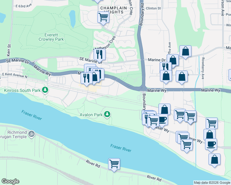 map of restaurants, bars, coffee shops, grocery stores, and more near 3581 East Kent Avenue North in Vancouver