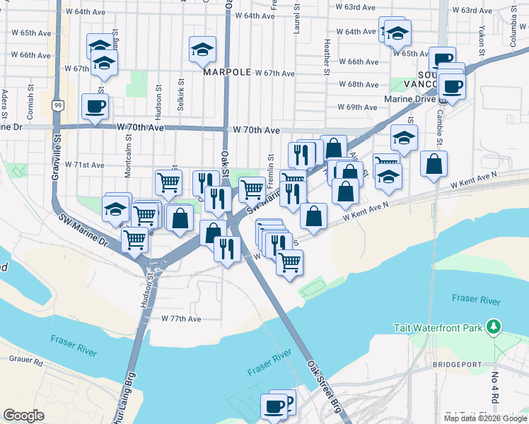 map of restaurants, bars, coffee shops, grocery stores, and more near 942 Southwest Marine Drive in Vancouver