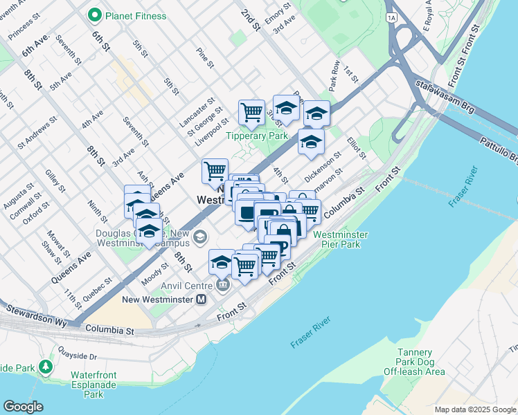 map of restaurants, bars, coffee shops, grocery stores, and more near 510 Agnes Street in New Westminster