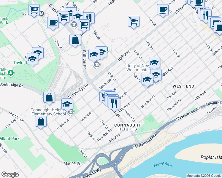 map of restaurants, bars, coffee shops, grocery stores, and more near 1919 Dublin Street in New Westminster