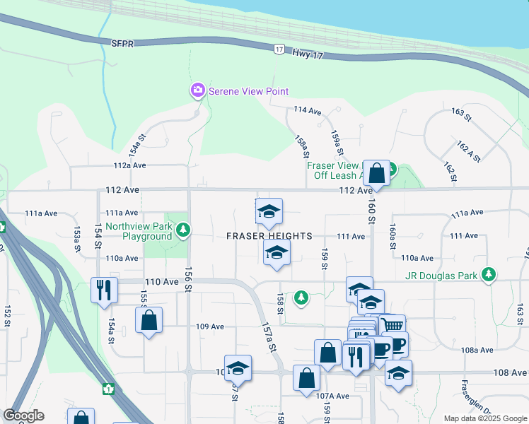 map of restaurants, bars, coffee shops, grocery stores, and more near 11152 157A Street in Surrey