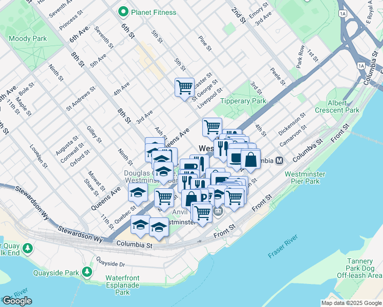 map of restaurants, bars, coffee shops, grocery stores, and more near 3 Seventh Street in New Westminster
