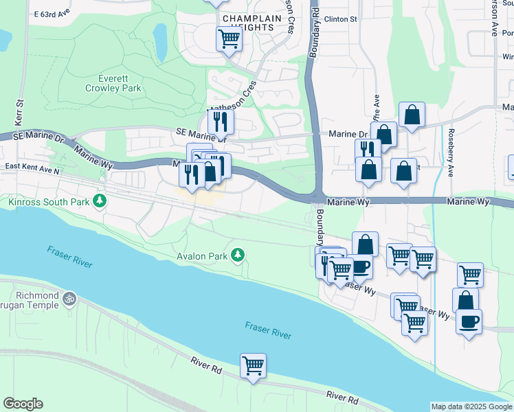 map of restaurants, bars, coffee shops, grocery stores, and more near 3561 East Kent Avenue North in Vancouver