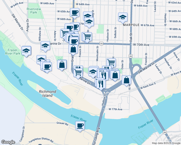 map of restaurants, bars, coffee shops, grocery stores, and more near in Vancouver