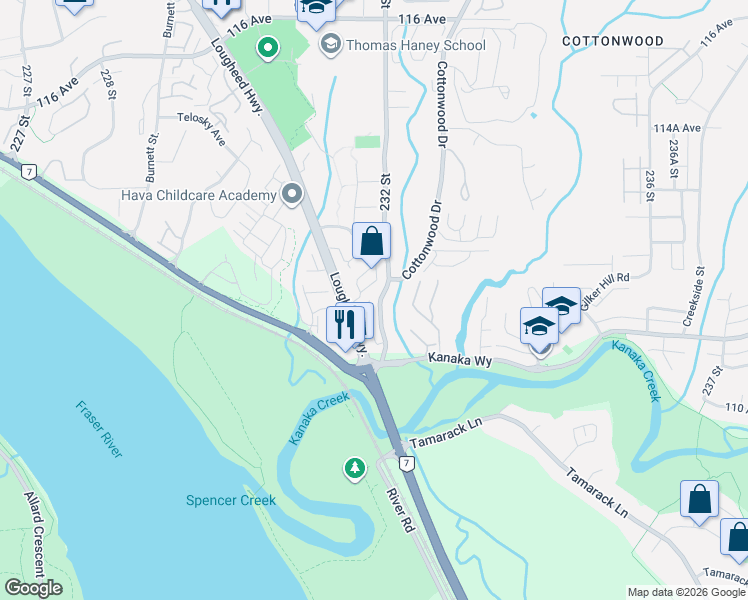 map of restaurants, bars, coffee shops, grocery stores, and more near 11125 232 Street in Maple Ridge
