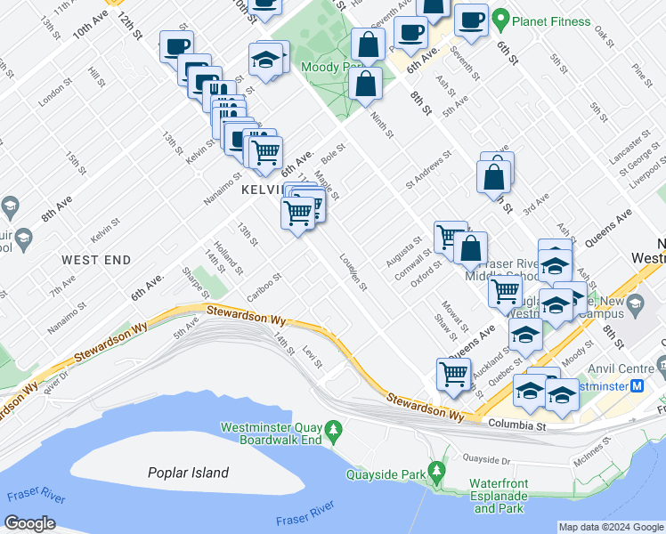 map of restaurants, bars, coffee shops, grocery stores, and more near 401 12th Street in New Westminster