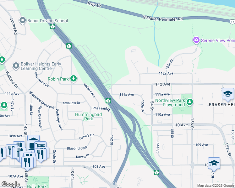 map of restaurants, bars, coffee shops, grocery stores, and more near 15229 111A Avenue in Surrey